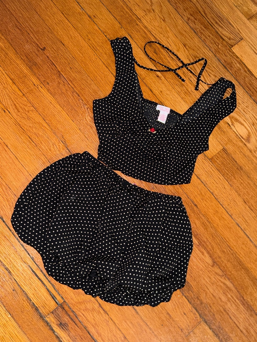 Black Polka Dot Crop Top and Bubble Skirt Set - Women's Two-Piece